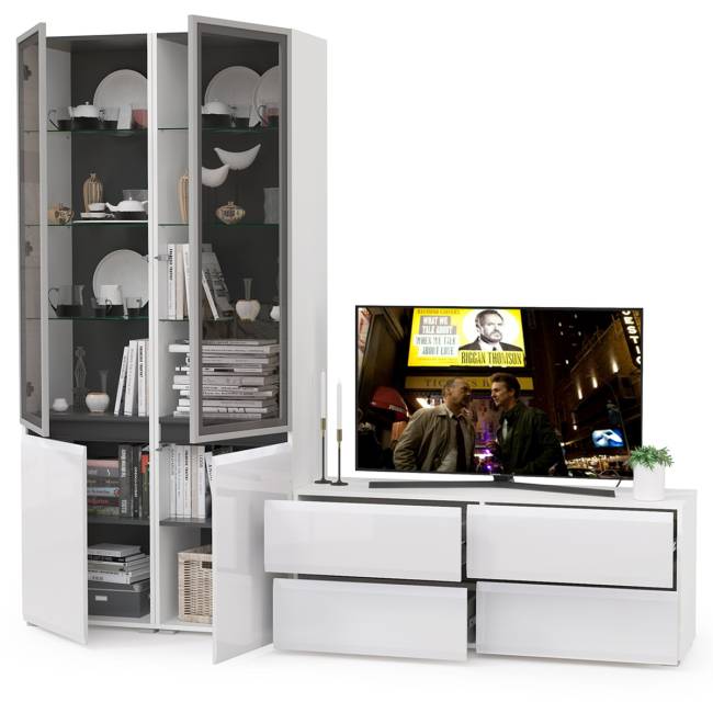 Стенка для гостиной со стеклянными фасадами Сидней № 11 цвет белый/чёрный/фасады МДФ белый глянец