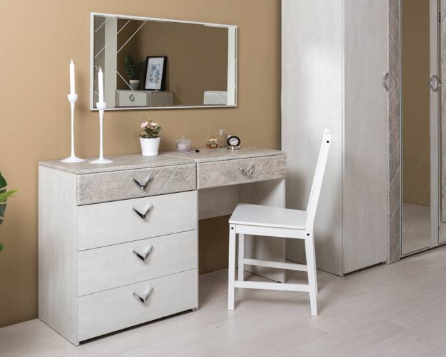 Стол туалетный с комодом и зеркалом Амели Моби цвет шёлковый камень/бетон чикаго беж