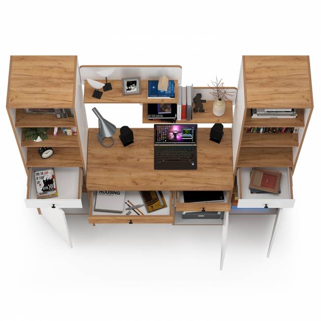 Компьютерный стол с двумя полками и двумя пеналами Вуди цвет белый премиум/дуб крафт золотой