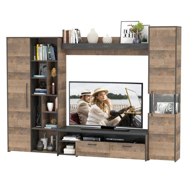 Стенка для гостиной в лофт стиле Трувор № 19 цвет дуб гранж песочный/интра