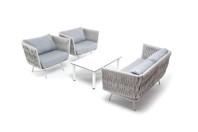 "Монако" лаунж-зона 4-местная из роупа со столом "Верона" (серый гранит), каркас светло-серый, роуп светло-серый