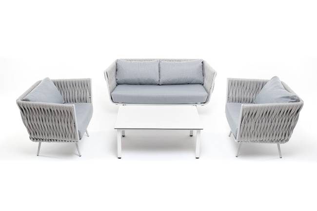 "Монако" лаунж-зона 4-местная из роупа со столом "Верона" (серый гранит), каркас светло-серый, роуп светло-серый