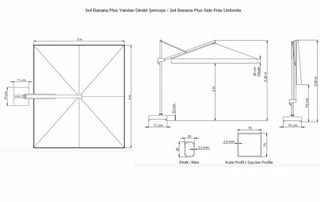 Зонт профессиональный 3х4 м Banana Plus черный, светло-серый 3000х4000 мм