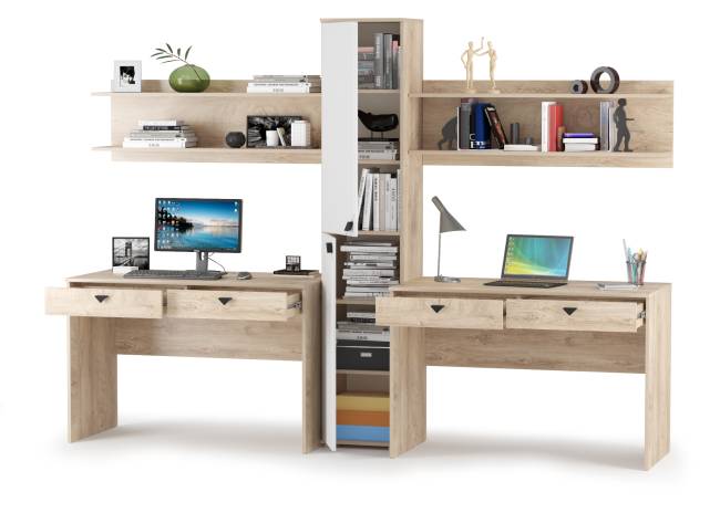 Столы Бостон с полками и пеналом цвет дуб эндгрейн элегантный/фасады МДФ милк рикамо софт