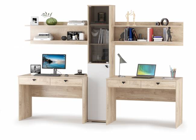 Столы Бостон с полками и стеллажом со стеклом цвет дуб эндгрейн элегантный/фасады МДФ милк рикамо софт