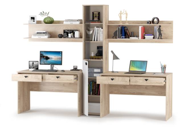 Столы Бостон с полками и стеллажом со стеклом цвет дуб эндгрейн элегантный/фасады МДФ милк рикамо софт