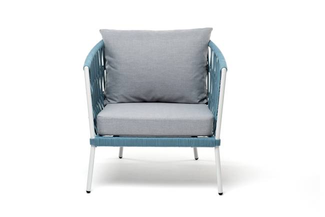 "Диего" кресло плетеное из роупа, каркас алюминий светло-серый (RAL7035) муар, роуп бирюзовый круглый, ткань светло-серая "Диего" кресло плетеное из роупа, каркас алюминий светло-серый (RAL7035) муар, роуп бирюзовый круглый, ткань светло-серая