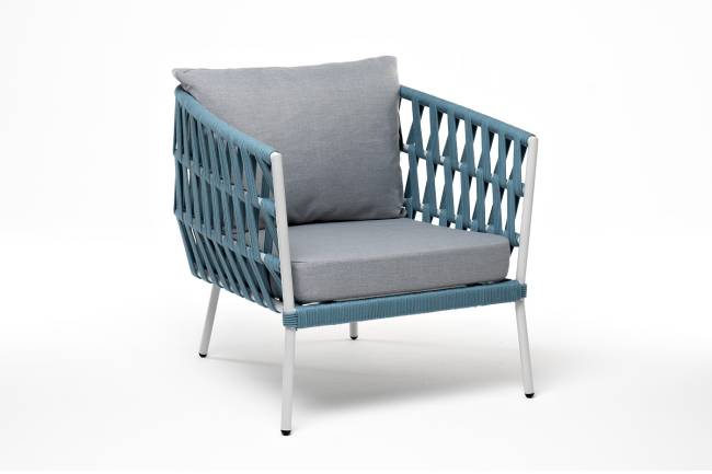 "Диего" кресло плетеное из роупа, каркас алюминий светло-серый (RAL7035) муар, роуп бирюзовый круглый, ткань светло-серая "Диего" кресло плетеное из роупа, каркас алюминий светло-серый (RAL7035) муар, роуп бирюзовый круглый, ткань светло-серая