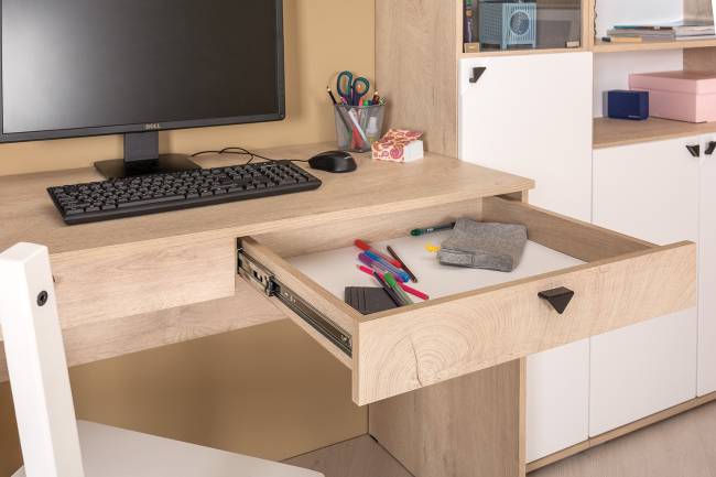 Столы с полками и большим стеллажом Бостон цвет дуб эндгрейн элегантный/фасады МДФ милк рикамо софт