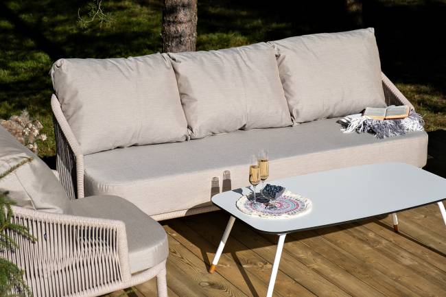 "Верона" диван 3-местный плетеный из роупа, каркас алюминий белый муар, роуп бежевый круглый, ткань бежевая 052 "Верона" диван 3-местный плетеный из роупа, каркас алюминий белый муар, роуп бежевый круглый, ткань бежевая 052