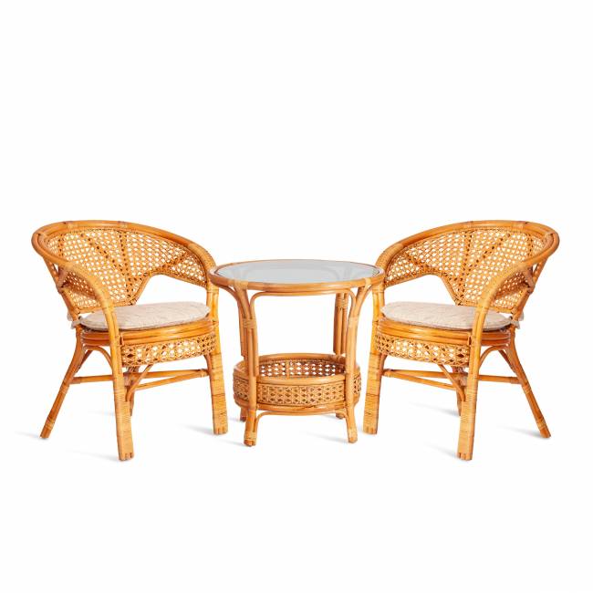 Комплект террасный Пеланги/Pelangi (стол со стеклом + 2 кресла) /с подушками/ ротанг, кресло 65х65х77см, стол диаметр 64х61см, медовый Honey (мед) ротанг
