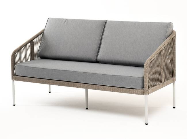 "Канны" диван 2-местный плетеный из роупа, каркас алюминий светло-серый (RAL7035) шагрень, роуп серый меланж круглый, ткань светло-серая
