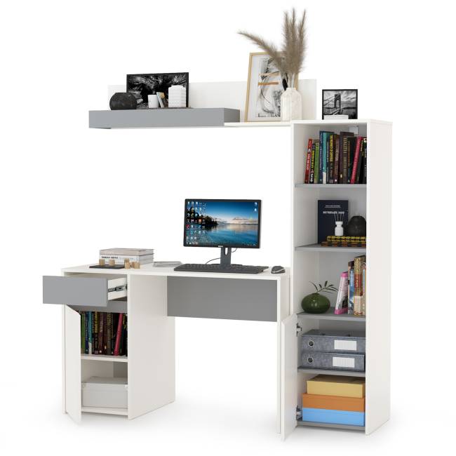 Стол Торонто с полкой и стеллажом цвет белый шагрень/стальной серый
