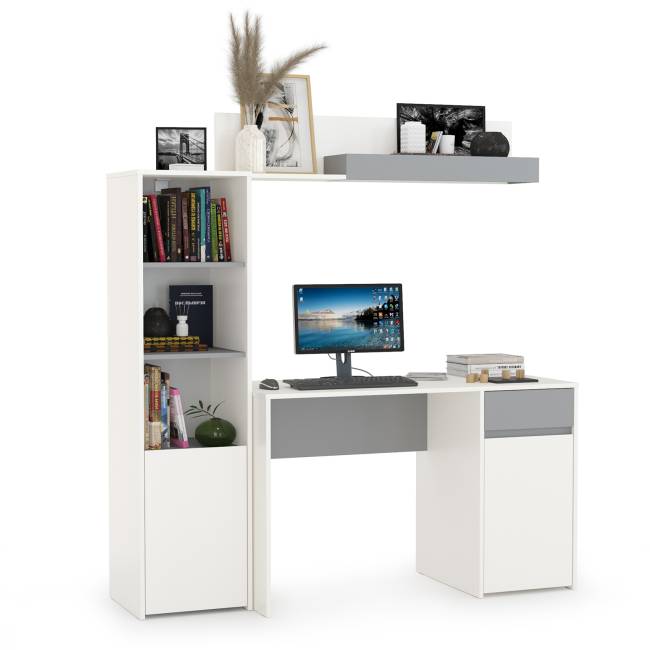 Стол Торонто с полкой и стеллажом цвет белый шагрень/стальной серый
