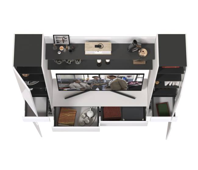 Два пенала с ящиком с двумя полочками и ТВ-тумбой Сидней цвет белый/чёрный/МДФ белый глянец