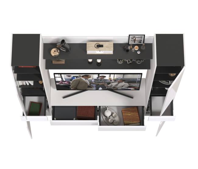 Два пенала с ящиком с двумя полочками и ТВ-тумбой Сидней цвет белый/чёрный/МДФ белый глянец