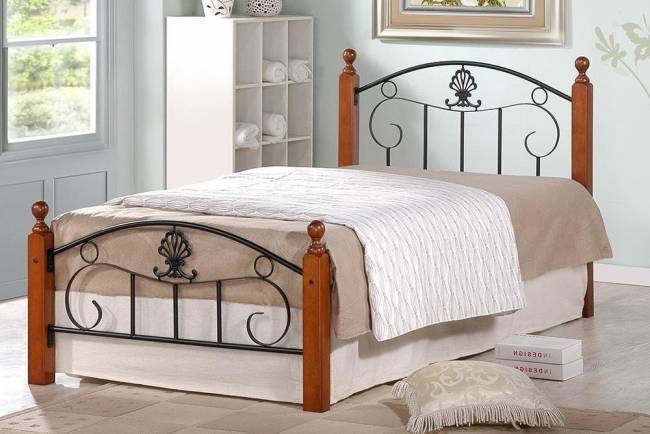 Кровать Румба/Rumba (мод.AT-203) дерево гевея/металл, 90х200см, односпальная кровать, красный дуб/черный дуб темный дерево гевея/металл