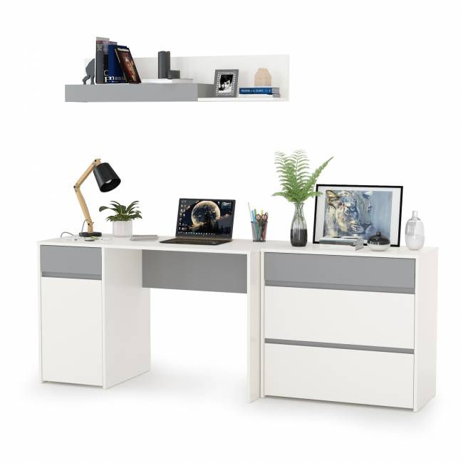 Стол компьютерный с верхней полкой и комодом Торонто цвет белый шагрень/стальной серый