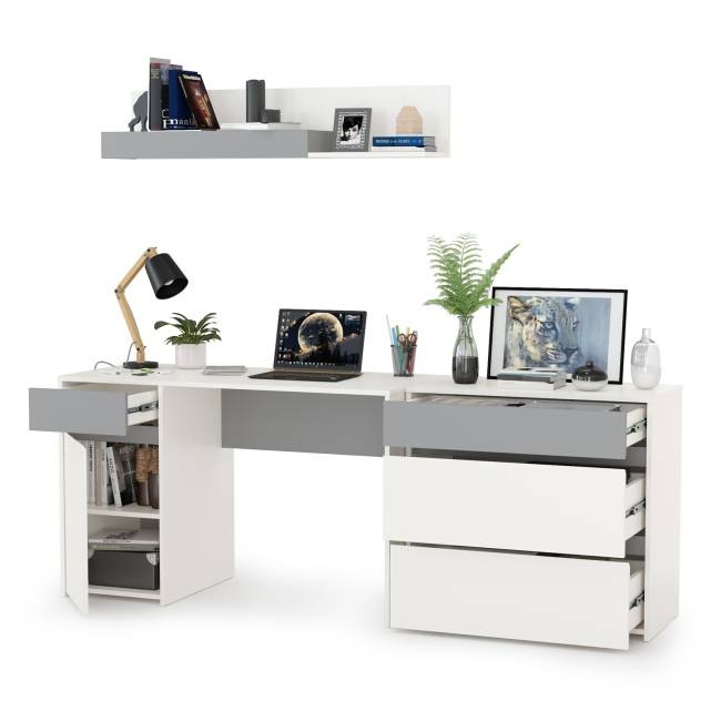 Стол компьютерный с верхней полкой и комодом Торонто цвет белый шагрень/стальной серый