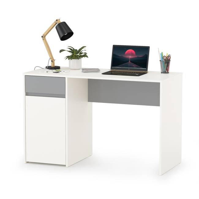Стол компьютерный с верхней полкой и комодом Торонто цвет белый шагрень/стальной серый