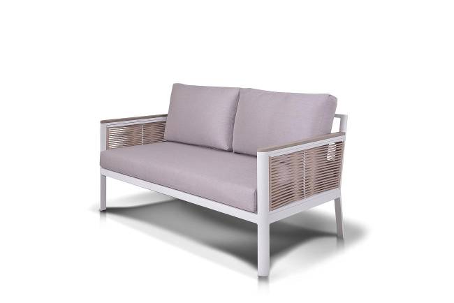 "Сан Ремо" диван 2-местный плетеный из роупа, каркас алюминий белый, роуп бежевый, ткань бежевая