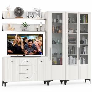 Тумба-комод и шкаф с тремя стеклянными дверками в гостиную Валенсия цвет белый шагрень Тумба-комод и шкаф с тремя стеклянными дверками в гостиную Валенсия цвет белый шагрень