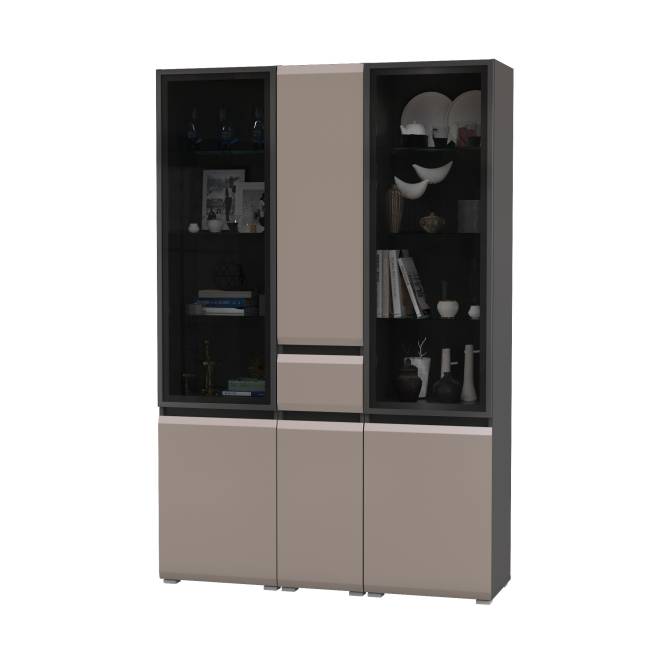 Два шкафа-витрины Сидней 13.201 и пенал-шкаф с ящиком Сидней цвет антрацит/МДФ веллюто капучино Два шкафа-витрины Сидней 13.201 и пенал-шкаф с ящиком Сидней цвет антрацит/МДФ веллюто капучино