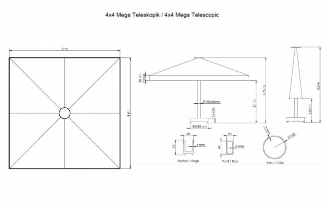 Зонт профессиональный 4х4 м Mega Telescopic 4000х4000 мм Зонт профессиональный 4х4 м Mega Telescopic 4000х4000 мм