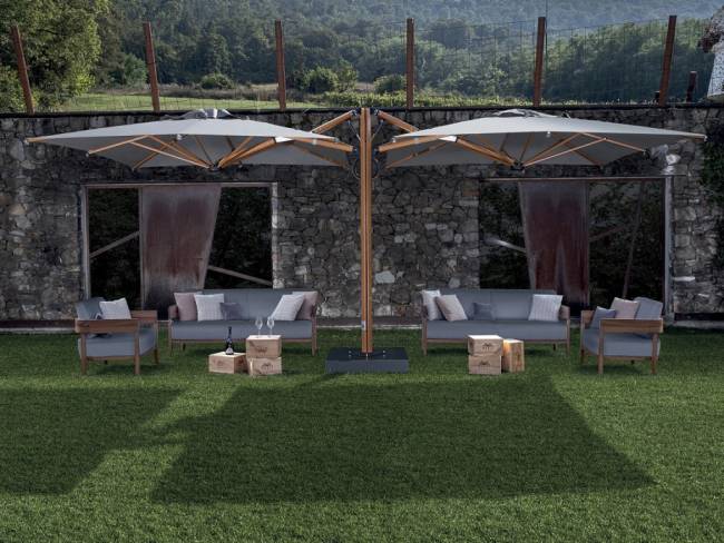 Зонт профессиональный двухкупольный 3.5х7.5 м Galaxia Dual T Timber имитация ироко, серебристо-серый 3500х7500 мм