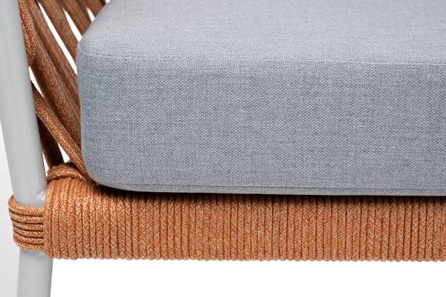 "Диего" диван 2-местный плетеный из роупа, каркас алюминий светло-серый (RAL7035) муар, роуп оранжевый меланж круглый, ткань светло-серая "Диего" диван 2-местный плетеный из роупа, каркас алюминий светло-серый (RAL7035) муар, роуп оранжевый меланж круглый, ткань светло-серая