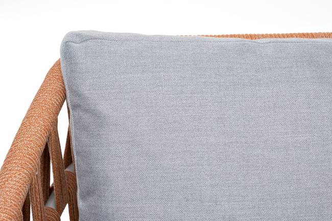 "Диего" диван 2-местный плетеный из роупа, каркас алюминий светло-серый (RAL7035) муар, роуп оранжевый меланж круглый, ткань светло-серая "Диего" диван 2-местный плетеный из роупа, каркас алюминий светло-серый (RAL7035) муар, роуп оранжевый меланж круглый, ткань светло-серая