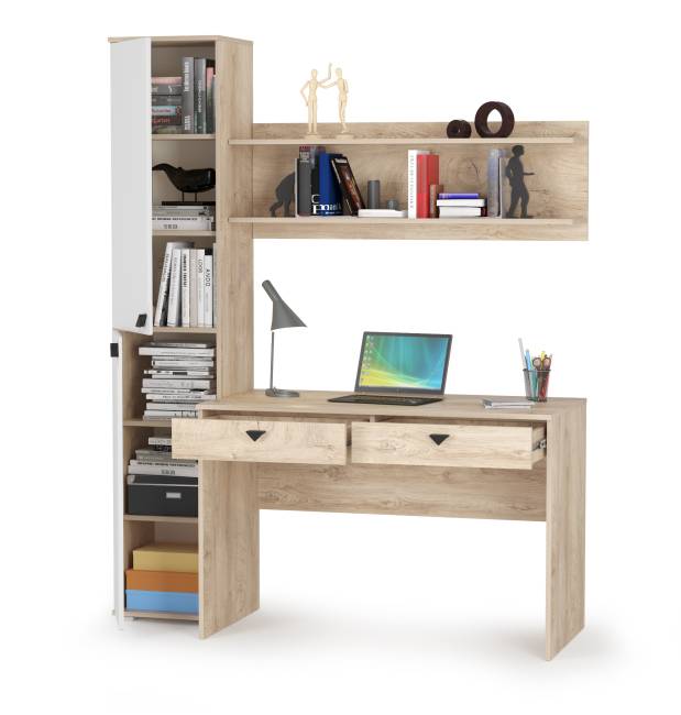 Стол компьютерный с пеналом и полкой Бостон цвет дуб эндгрейн элегантный/фасады МДФ милк рикамо софт