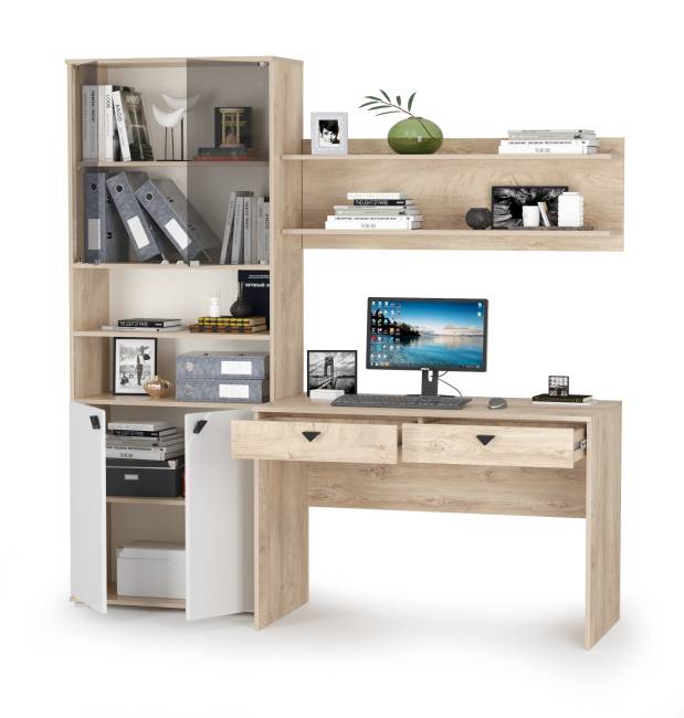 Рабочий стол с полкой и шкафом Бостон цвет дуб эндгрейн элегантный/фасады МДФ милк рикамо софт