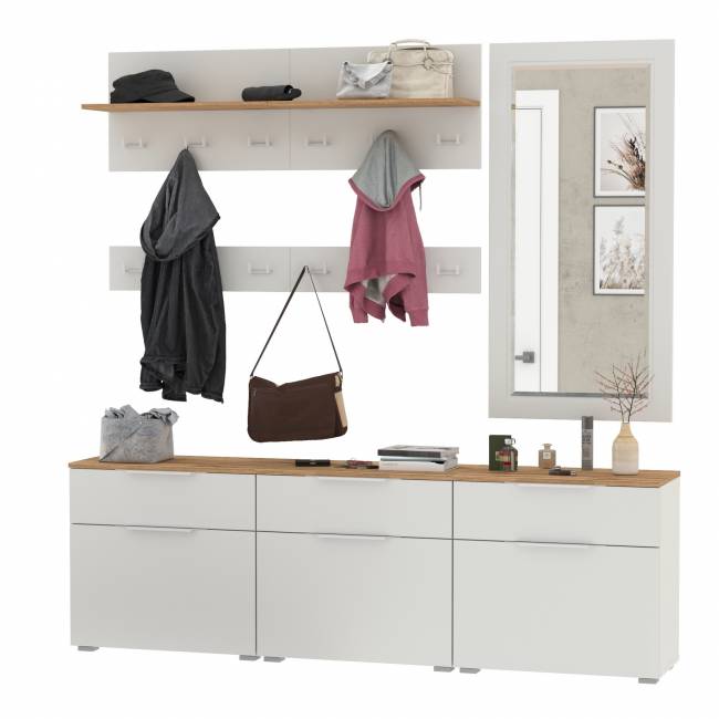 Три обувницы с зеркалом и вешалками для одежды Октава цвет белый шагрень/дуб крафт золотой