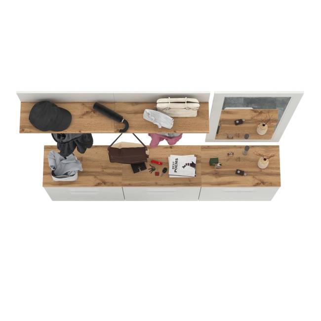 Три обувницы с зеркалом и вешалками для одежды Октава цвет белый шагрень/дуб крафт золотой