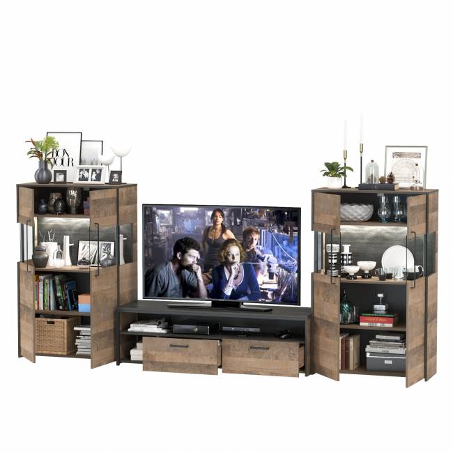 Две тумбы-витрины с подсветкой и с тумбой для телевизора Трувор цвет дуб гранж песочный/интра