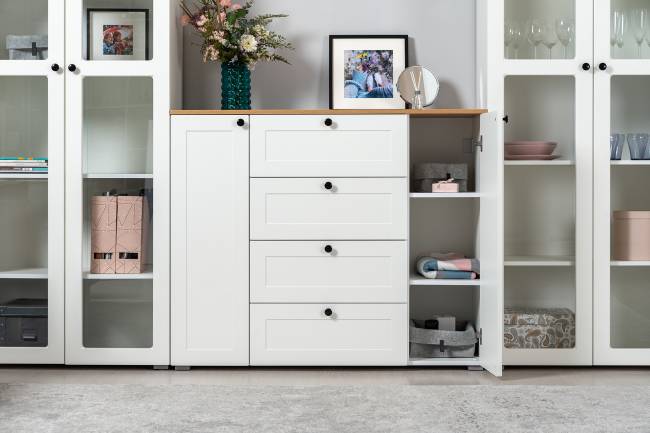 Шкаф-витрина 2-х дверный Остин 16.394.02 цвет белый шагрень/дуб крафт золотой