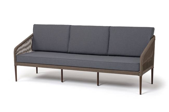 "Канны" диван 3-местный плетеный из роупа, каркас алюминий темно-серый (RAL7024) шагрень, роуп темно-серый круглый, ткань темно-серая 019