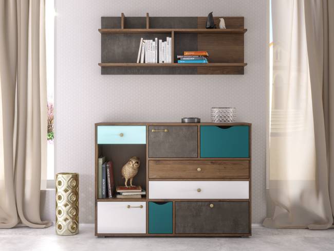 Комод Вайс 10.104 цвет винтаж/камень тёмный/бензин/белый премиум