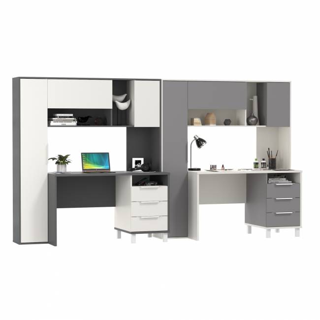 Столы рабочие с полками и пеналом Комфорт 12.95N цвет белый премиум/серый шифер/тёмно-серый/белый премиум