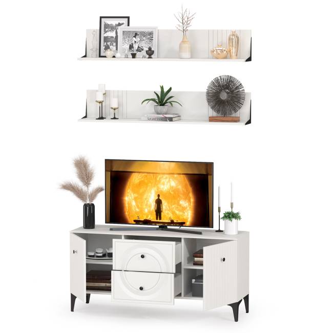 Тумба для ТВ с двумя навесными полкой Валенсия цвет белый шагрень