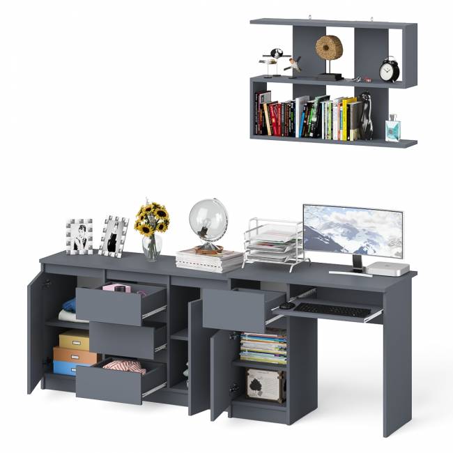 Стол компьютерный Мори МС-1 левый с верхней полкой и комодом с дверками и ящиками цвет графит Стол компьютерный Мори МС-1 левый с верхней полкой и комодом с дверками и ящиками цвет графит