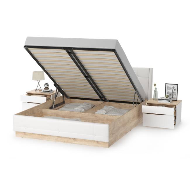 Кровать с подъёмным основанием и двумя прикроватными тумбами Муссон цвет белый/дуб эндгрейн элегантный/кожзам белый Кровать с подъёмным основанием и двумя прикроватными тумбами Муссон цвет белый/дуб эндгрейн элегантный/кожзам белый