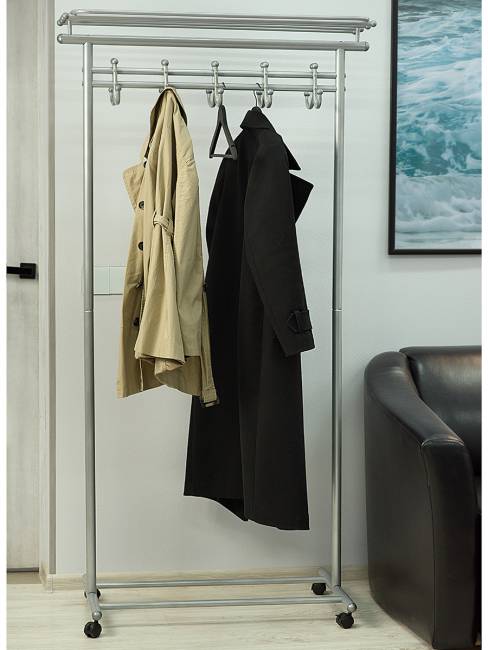 Вешалка напольная на колесах М 9 металлик с крючками