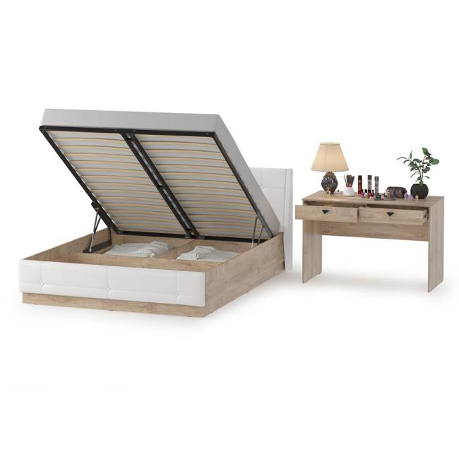Кровать Муссон с подъёмным основанием и туалетным столиком цвет дуб эндгрейн элегантный/искусственная кожа белая Кровать Муссон с подъёмным основанием и туалетным столиком цвет дуб эндгрейн элегантный/искусственная кожа белая
