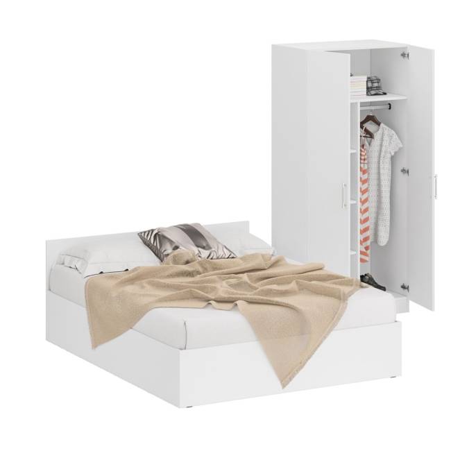 Кровать белая двуспальная 1600 со шкафом для одежды 2-х створчатым Стандарт цвет белый