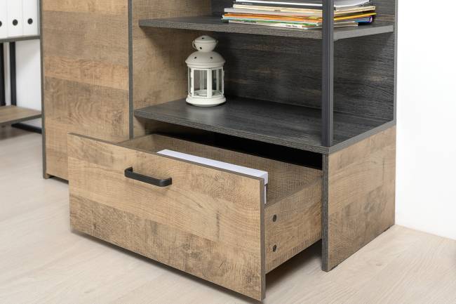 Два комода с ящиками с навесной полкой и комод с ящиком и дверкой в гостиную Трувор цвет дуб гранж песочный/интра