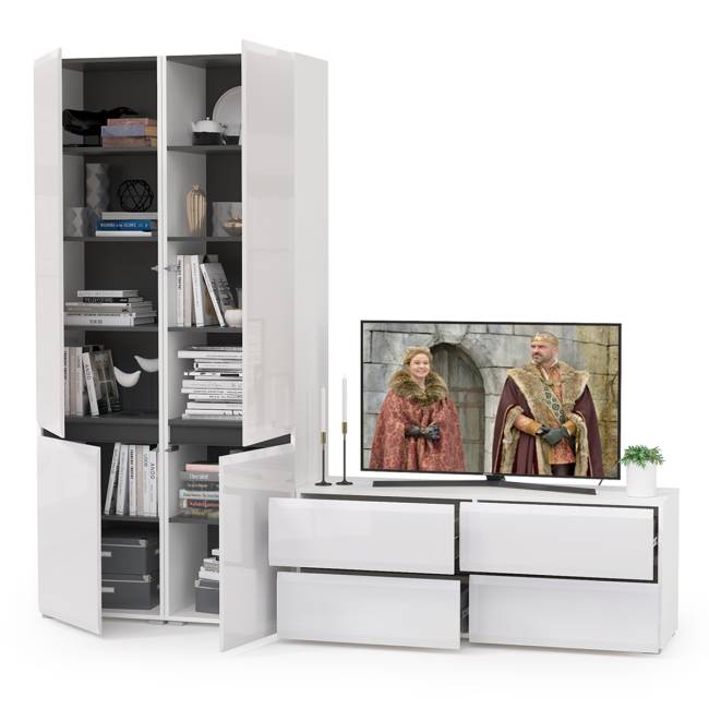 Стенка для гостиной Сидней № 7 цвет белый/чёрный/фасады МДФ белый глянец