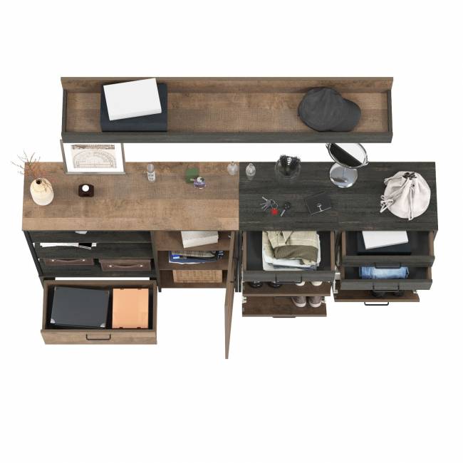 Комод-тумба в прихожую с навесной полкой и двумя обувницами с ящиками Трувор цвет дуб гранж песочный/интра Комод-тумба в прихожую с навесной полкой и двумя обувницами с ящиками Трувор цвет дуб гранж песочный/интра