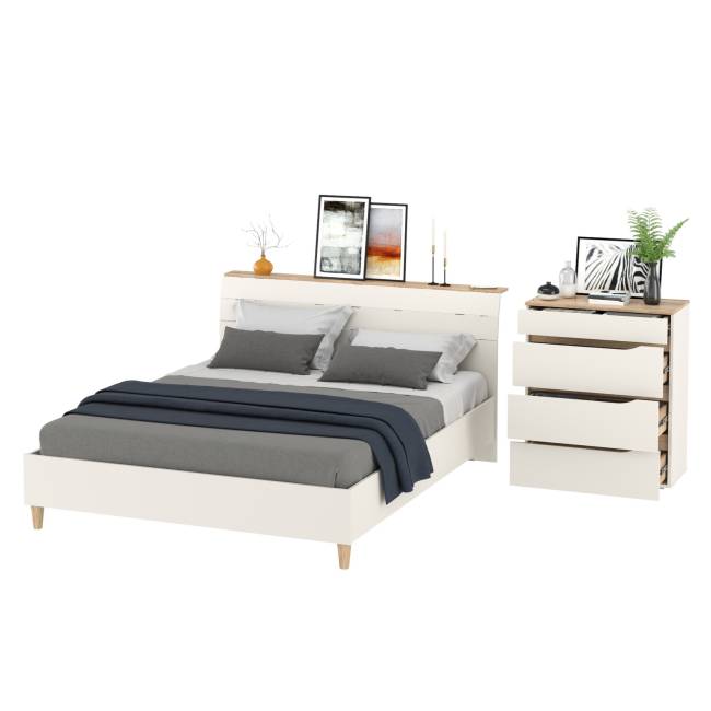Комод четыре ящика Муссон и кровать со спальным местом 1600х200 цвет белый/дуб эндгрейн элегантный Комод четыре ящика Муссон и кровать со спальным местом 1600х200 цвет белый/дуб эндгрейн элегантный